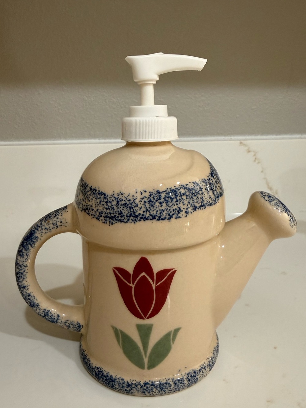 Cream Ceramic Tulip Soap Dispenser with Blue Speckle Accent - Picture 3 of 5